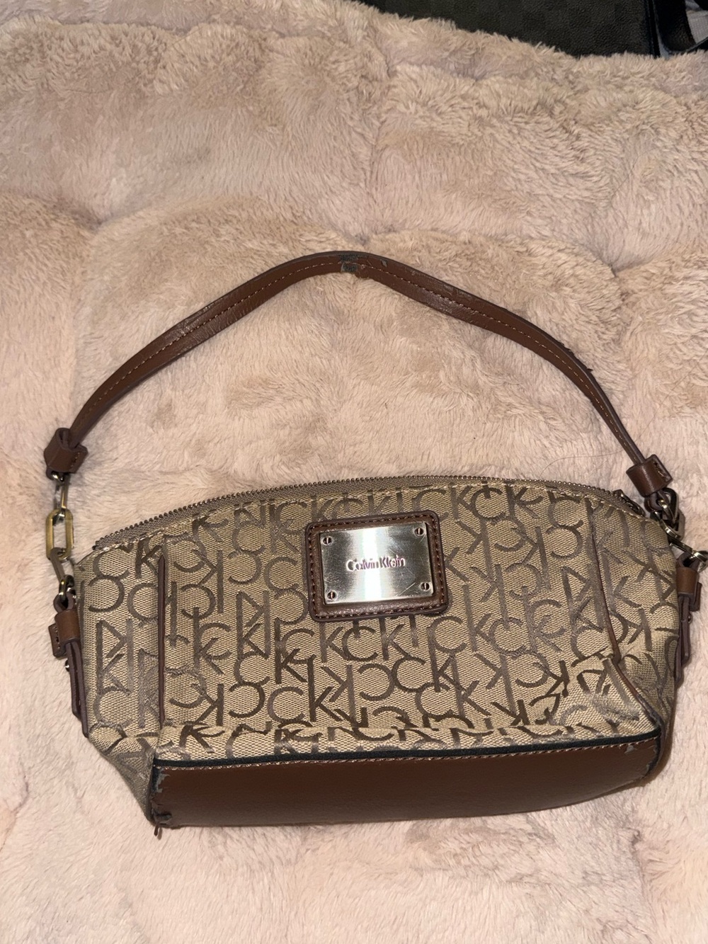 Calvin Klein Beige Logo-Print Shoulder Bag with Brown Trim